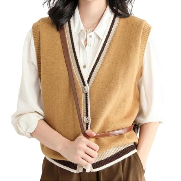 Gihuo Womens XL Beige and Brown Knit Vest With Striped Trim and Button Closure - Picture 4 of 7